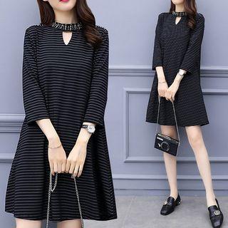 Embellished 3/4-sleeve Pinstriped A-line Minidress