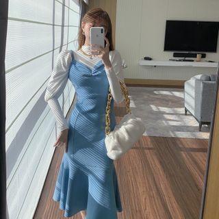 Long-sleeve Mock-neck Top / Spaghetti Strap Midi Mermaid Dress