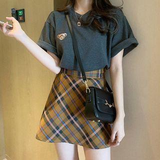 Set: Bear Print Short Sleeve T-shirt + Plaid A-line Skirt