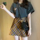 Set: Bear Print Short Sleeve T-shirt + Plaid A-line Skirt