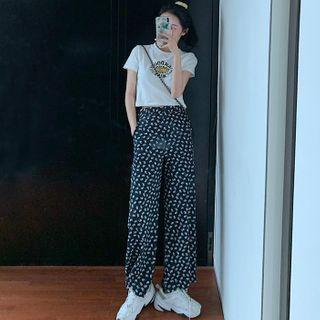 Short-sleeve Printed T-shirt / Dotted Wide-leg Pants