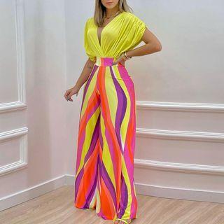 Set: Sleeveless V-neck Top + Print Wide Leg Pants