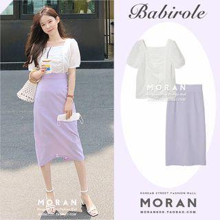 Lace Trim Square Neck Dotted Top / Plain Pencil Skirt