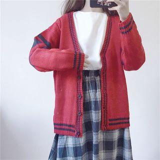 Stripe Knit Cardigan / Blouse / Plaid Midi Skirt