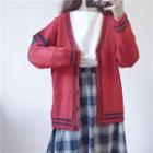 Stripe Knit Cardigan / Blouse / Plaid Midi Skirt