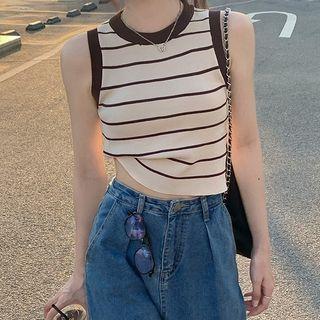 Striped Crop Tank Top Coffee & Beige - One Size