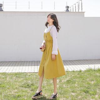 Spaghetti-strap Button-front Linen Dress With Sash