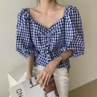 Plaid V-neck Ruched Top Blue - One Size