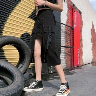 Asymmetric Lace-up Midi Straight-fit Skirt