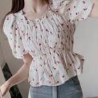 Puff-sleeve Flower Print Blouse White - One Size