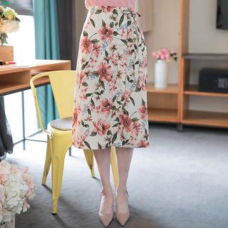 Floral Midi Wrap Skirt Beige - One Size