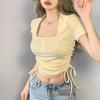 Short-sleeve Scoop-neck Drawstring Crop Top