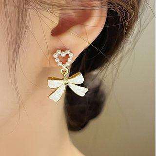 Beaded Bow-accent Drop Earrings 1 Pair - Stud Earring - One Size
