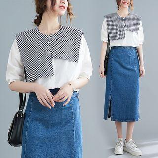 Set: Elbow-sleeve Blouse + Gingham Shawl