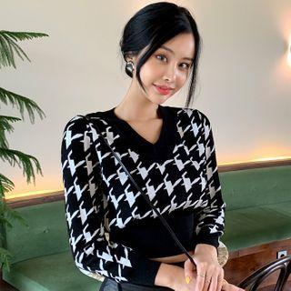Long-sleeve Houndstooth Knit Crop Top Black - One Size