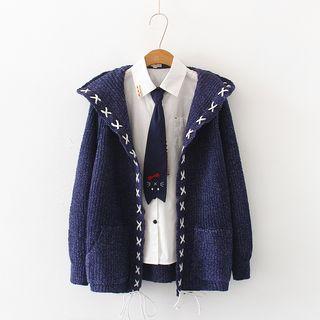 Lace Up Hooded Open Front Cardigan / Pocket Detail Shirt With Cat Embroidered Tie