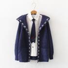 Lace Up Hooded Open Front Cardigan / Pocket Detail Shirt With Cat Embroidered Tie