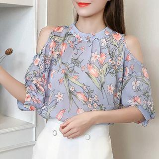 Elbow-sleeve Cutout Printed Chiffon Top
