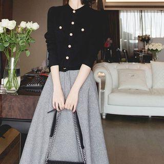 Set: Long-sleeve Plain Top + High-waist Plain Skirt