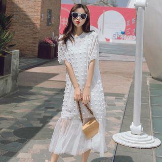 Set: Flower Short-sleeve Midi Chiffon Dress + Slipdress