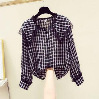 Lace-trim Checked Lapel Blouse