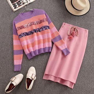 Set: Striped Sweater + Straight-fit Skirt