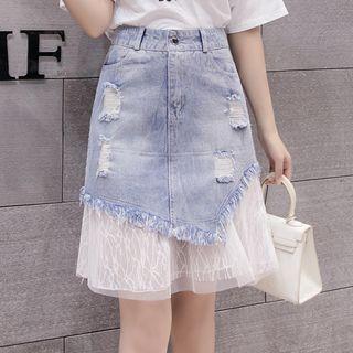 Mesh Panel Distressed Denim Shirt