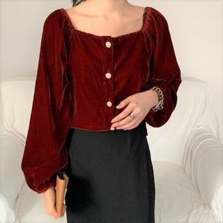 Buttoned Puff-sleeve Corduroy Shirt