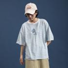 Elbow-sleeve Dinosaur Embroidered Striped T-shirt