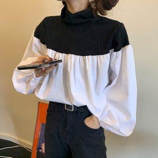 Turtleneck Paneled Balloon-sleeve Blouse As Shown In Figure - One Size