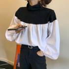 Turtleneck Paneled Balloon-sleeve Blouse As Shown In Figure - One Size