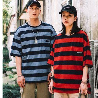 Striped Pocket Detail Elbow-sleeve T-shirt