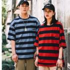 Striped Pocket Detail Elbow-sleeve T-shirt