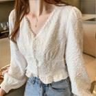 Long-sleeve Buttoned Floral Embroidered Blouse