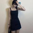 Spaghetti-strap Plain Mini Bodycon Dress