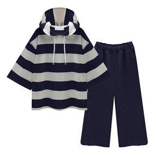 Set: Striped Elbow-sleeve Hoodie + Sweatpants
