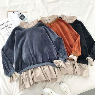 Mock Two-piece Velvet Panel Ruffled-trim Long-sleeve Pullover