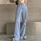 High-waist Wide-leg Ripped Slit Jeans