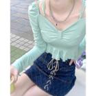 Long-sleeve Ruffle Trim Cropped Top / Denim Lace-up Mini Skirt