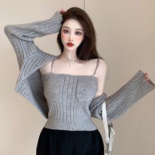 Set Of 2: Long-sleeve Plain Knit Cardigan + Knit Plain Camisole Top