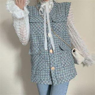 Sleeveless Plaid Coat Blue - One Size
