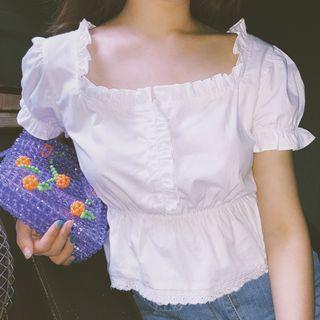 Frill Trim Short-sleeve Square Neck Blouse