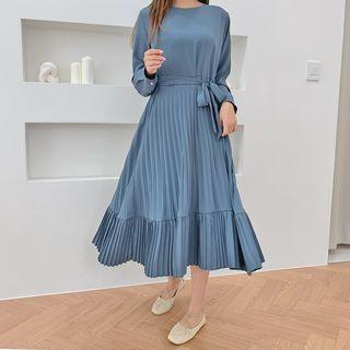 Long Accordion-pleat Dress With Sash