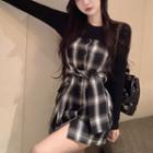 Long-sleeve Plain T-shirt / Strapless Plaid Mini Sheath Dress