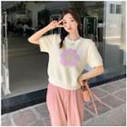 Short-sleeve Flower Embroidered Knit Top Light Almond - One Size