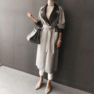 Glen Plaid Faux-suede Wrap Coat Beige - One Size