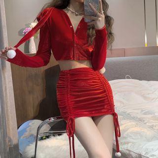 Set: Long-sleeve Hooded Button-up Crop Top + Drawstring Mini Pencil Skirt Red - One Size