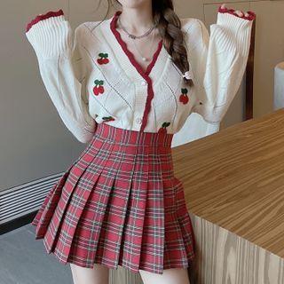 Cherry Embroidered Cardigan / Plaid Mini Pleated Skirt