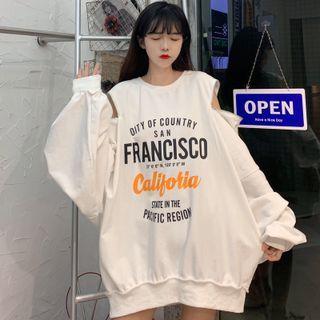 Cold-shoulder Lettering Oversized Sweatshirt