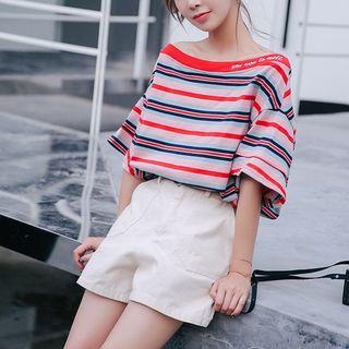 Striped Off Shoulder Short-sleeve T-shirt